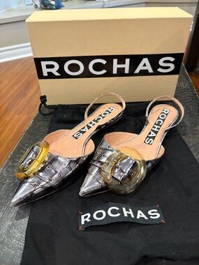 Rochas Silver Croc-Texture Pointed Slingback Flats with Yellow Gem Buckle